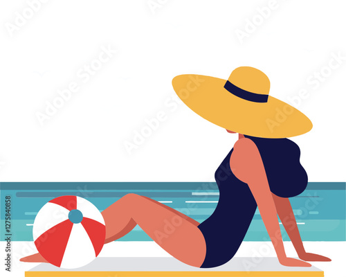 A woman relaxing by the poolside wearing a sun hat and swimsuit in flat vector art