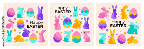 Set of Easter cards with Easter bunnies, decorated eggs, and festive elements. Ideal for greeting cards, social media, invitations, and holiday decorations.