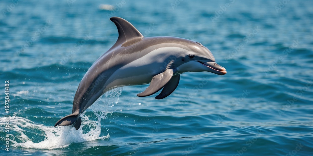 Fototapeta premium Dolphin Joyfully Leaping Above Ocean Waves with Tranquil Blue Water Background for Text Placement