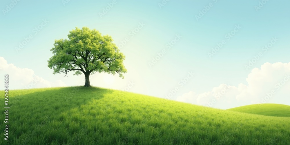 Isolated tree on a gentle green hill under a clear blue sky with ample copy space for text or branding purposes. Isolated tree on a gentle green hill under a clear blue sky with ample copy space for text or branding purposes.
