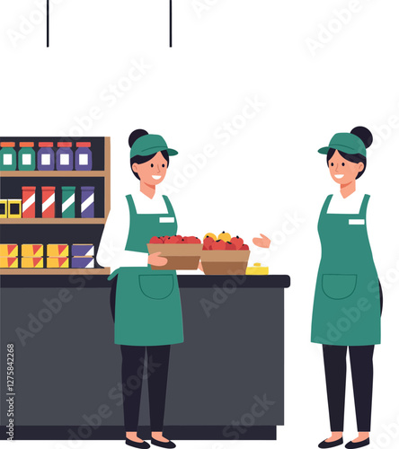 Two women in green aprons engaging cheerfully at a grocery store counter in flat vector art