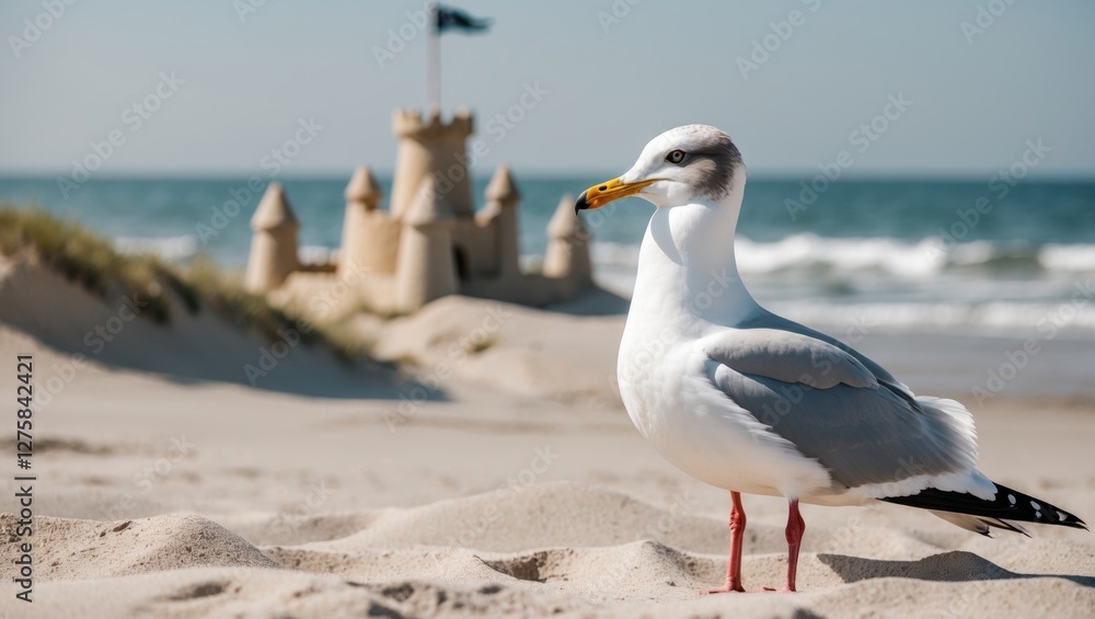 Seagull Close-Up Near Sandcastle on Beach with Clear Sky and Ocean Background Ideal for Summer or Coastal-Themed Projects Seagull Close-Up Near Sandcastle on Beach with Clear Sky and Ocean Background Ideal for Summer or Coastal-Themed Projects