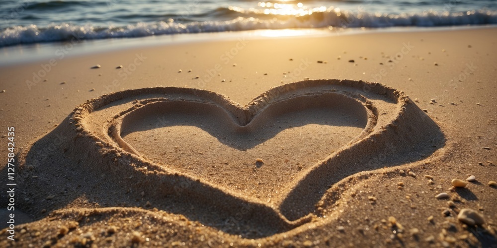 Obraz premium Heart Shape Etched in Sandy Beach Under Golden Sunlight with Ocean Waves in Background and Space for Text or Message