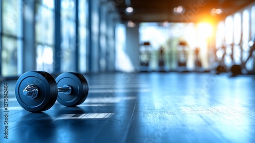 Dumbbells on gym floor, fitness center background.