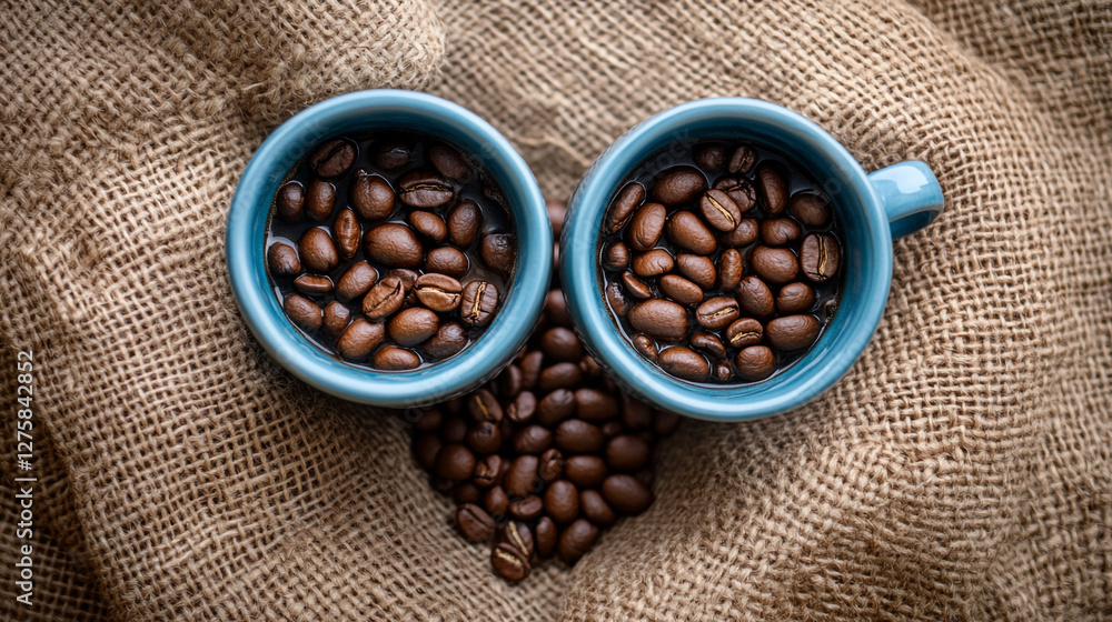 Aromatic coffee beans in blue cups on burlap sack conveying warmth and tradition, ideal for cafe or product promotion Aromatic coffee beans in blue cups on burlap sack conveying warmth and tradition, ideal for cafe or product promotion