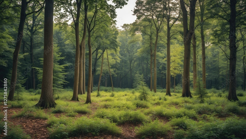 Fototapeta premium Lush Forest Landscape Featuring Diverse Trees and Green Ferns with Space for Text Overlay