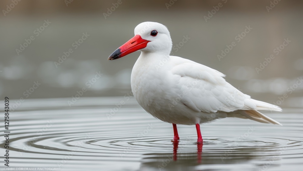 Elegant white bird with striking red beak standing in tranquil water, creating ripples and gazing curiously at the observer. Elegant white bird with striking red beak standing in tranquil water, creating ripples and gazing curiously at the observer.