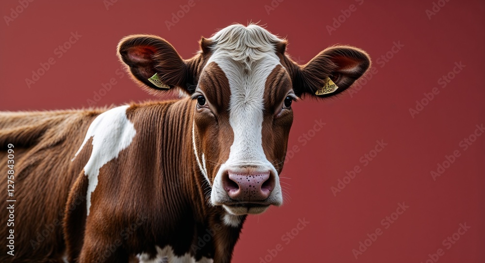 Cow on plain red background side view portrait Cow on plain red background side view portrait