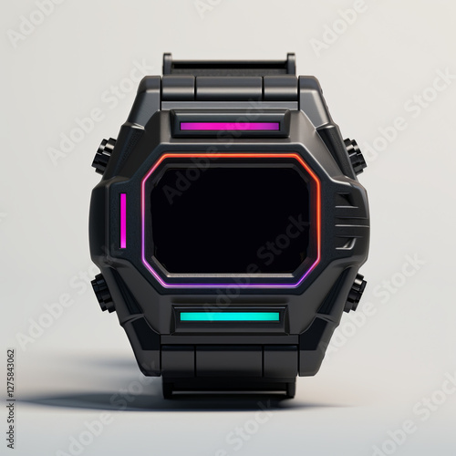 Wallpaper Mural Black futuristic digital watch with glowing orange, blue and purple neon lights. Isolated on white background. Retro style 80s, 90s. Concept of modern, creative and fashionable wristwatches. Torontodigital.ca