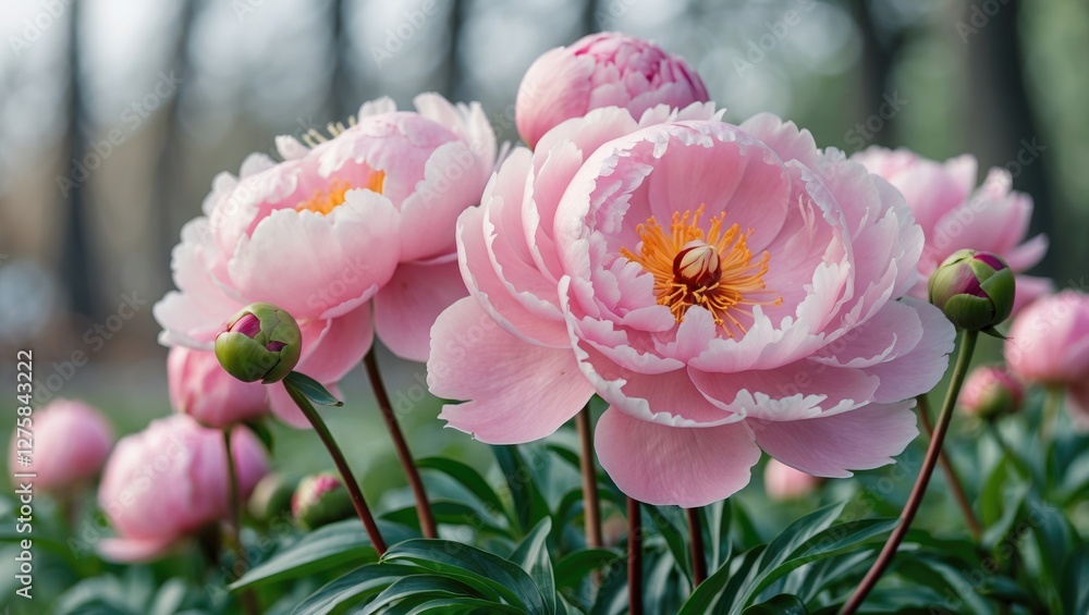 Peony Flowers in Bloom with Soft Pink Petals and Green Foliage Against a Blurred Background Perfect for Floral Design and Text Space Peony Flowers in Bloom with Soft Pink Petals and Green Foliage Against a Blurred Background Perfect for Floral Design and Text Space