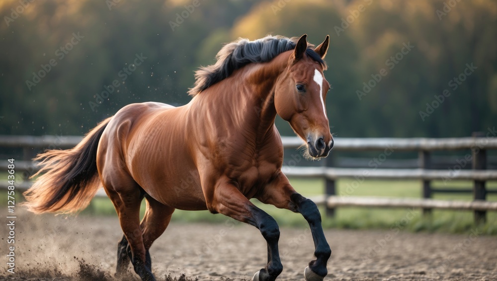 Obraz premium Dynamic Horse Running in Pasture with Empty Space for Custom Text or Branding