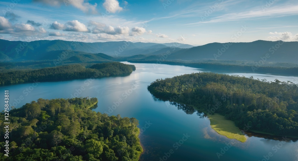 Fototapeta premium Serene Aerial View of a Lake Surrounded by Lush Rainforest and Rolling Mountains Under a Clear Blue Sky