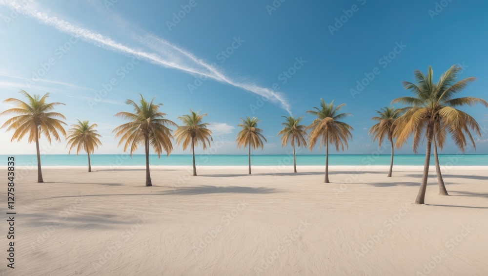 Aerial View of Lush Palm Trees Surrounding a Serene Deserted Beach with Clear Blue Waters and Expansive Sandy Shoreline for Text Space Aerial View of Lush Palm Trees Surrounding a Serene Deserted Beach with Clear Blue Waters and Expansive Sandy Shoreline for Text Space
