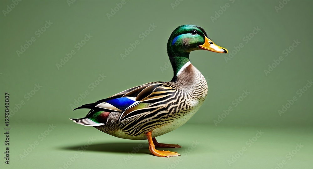 Obraz premium Duck on plain green background side view portrait