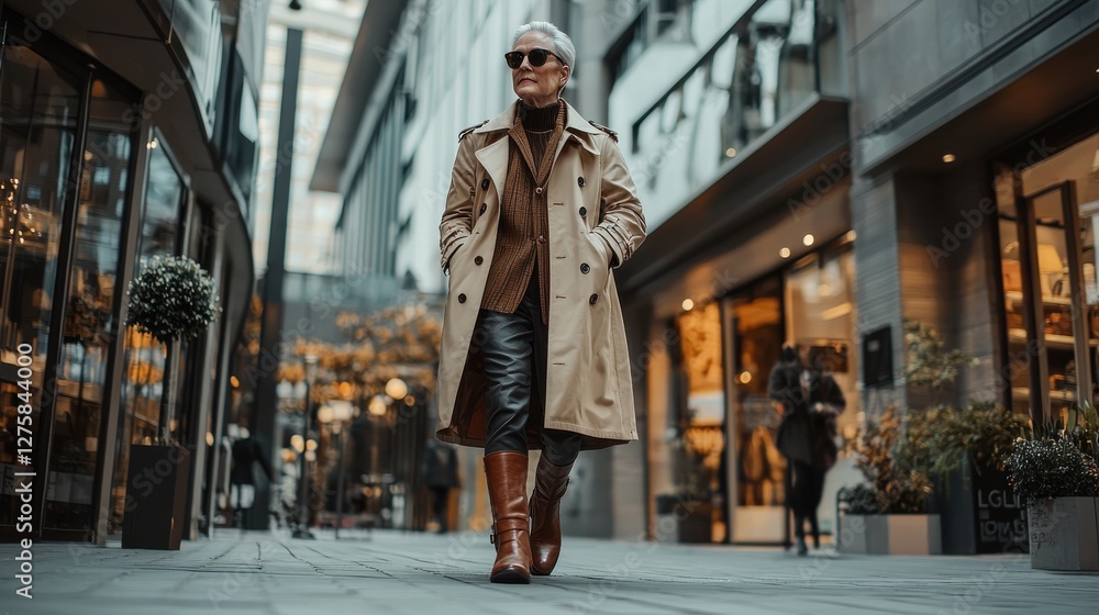 Naklejka premium A stylish senior woman confidently strides along a modern city street, exuding elegance in a classic trench coat, leather pants, and high fashion boots.