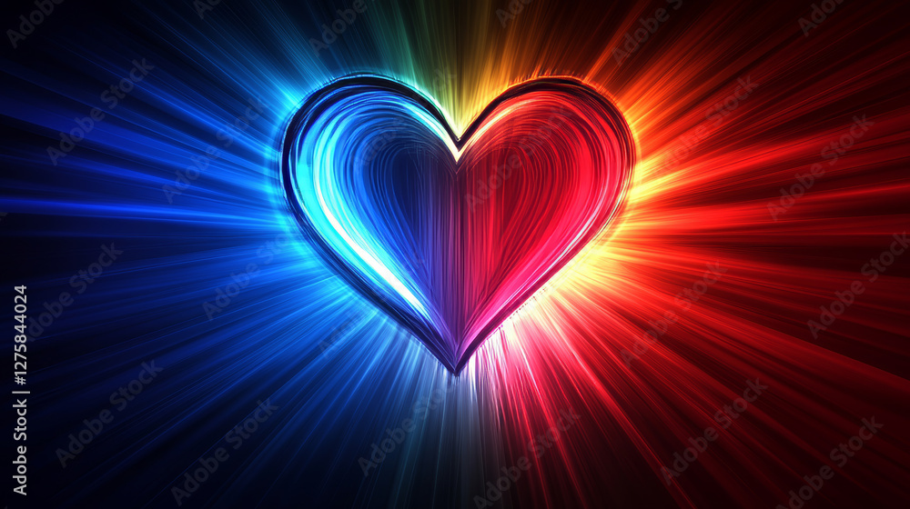 Neon heart shaped pattern with radiating bright spots of gradient color from red, pink to blue edges. Glowing rays on dark backdrop. Dynamic love or Valentine day themed presentation background. Neon heart shaped pattern with radiating bright spots of gradient color from red, pink to blue edges. Glowing rays on dark backdrop. Dynamic love or Valentine day themed presentation background.