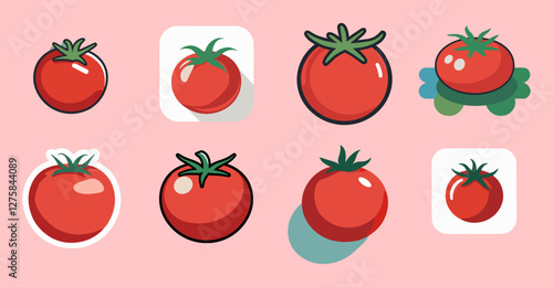 Sets icon collection of cartoon style tomatoes with unique designs on a pink background, each featuring distinct highlights, shadows, and backgrounds, creating a fun and vibrant visual