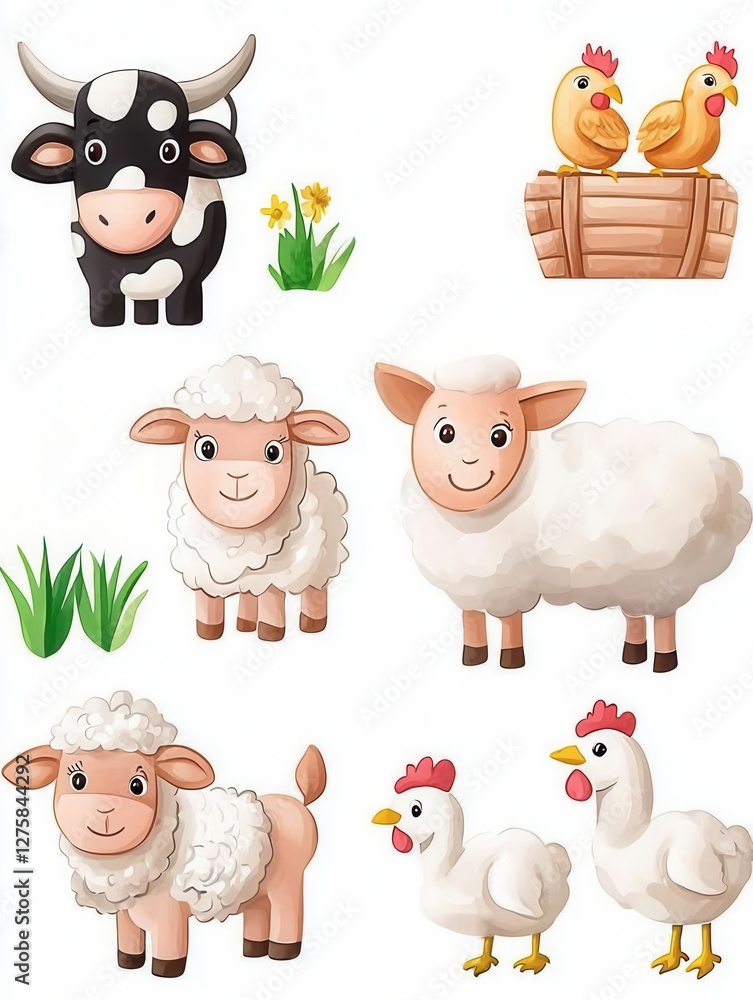 Obraz premium Cute cartoon farm animals including cow, sheep, and chickens.