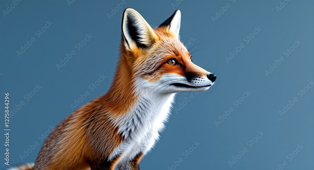 Obraz premium Fox on plain blue background side view portrait