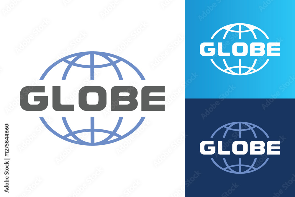 The image shows a wordmark logo design of letters GLOBE with a globe icon in soft blue color that looks retro and vintage on a soft white background. The image shows a wordmark logo design of letters GLOBE with a globe icon in soft blue color that looks retro and vintage on a soft white background.