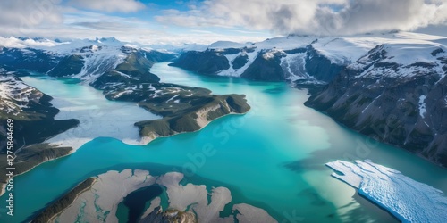 Fototapeta Naklejka Na Ścianę i Meble -  Aerial view of turquoise lakes surrounded by majestic mountains and icefields with clear sky ideal for landscape backgrounds.