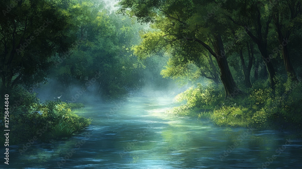 Fototapeta premium A peaceful river winding through a dense forest, morning mist rising from the water surface.