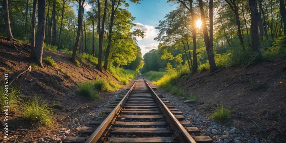 Tranquil Hiking Trail Surrounded By Trees And Railroad Tracks In Lush Forest Under Bright Sunlight With Clear Blue Sky And Copy Space Tranquil Hiking Trail Surrounded By Trees And Railroad Tracks In Lush Forest Under Bright Sunlight With Clear Blue Sky And Copy Space