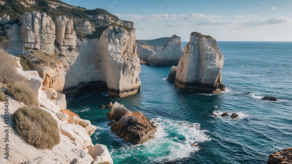 Fototapeta premium Stunning Rocky Coastline with Turquoise Waters and Dramatic Cliffs Perfect for Text Placement in Seaside Landscape Imagery