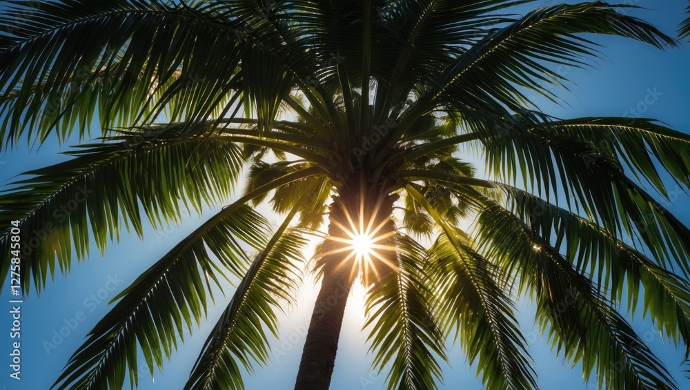 Fototapeta premium Sunlight Filtering Through Palm Fronds Creating a Stunning Starburst Effect Against a Clear Blue Sky