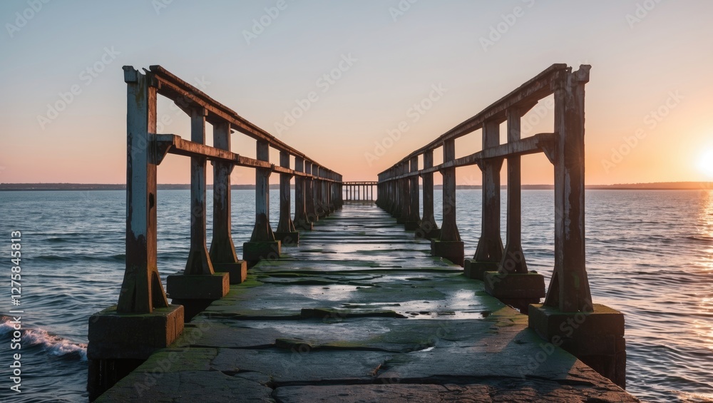 Old Derelict Pier at Sunrise Over Water with Empty Space for Text and Editorial Use in Landscape Format