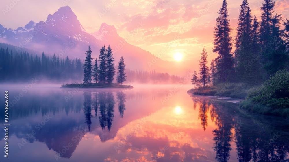 Fototapeta premium A tranquil lake at sunrise, with fog hovering over the surface, reflecting the warm glow of the rising sun.