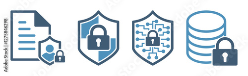 Set vector icons of document, cyber and database security signs. Cyber ​​or digital security and protection symbol in blue for apps, mobile and websites. Vector illustration
