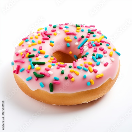 A macro shot of a ring donut topped with vibrant pink icing and a generous sprinkle of colorful toppings. The donut is sharply focused, showcasing its texture, with a softly blurred background. photo