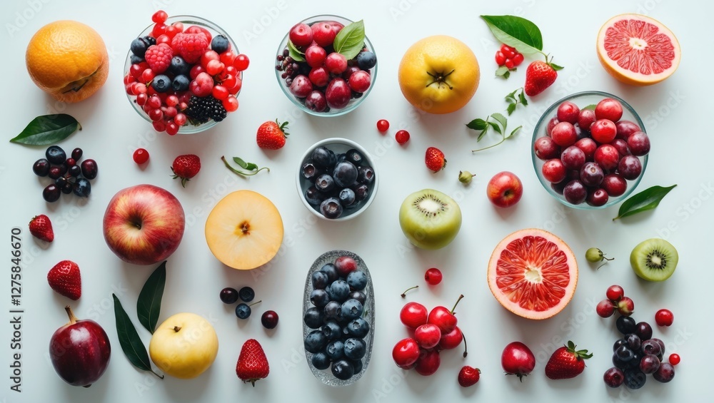 Assorted Fresh Fruits and Berries Arranged in Bowls on White Background with Empty Space for Text Creativity and Healthy Eating Concepts Assorted Fresh Fruits and Berries Arranged in Bowls on White Background with Empty Space for Text Creativity and Healthy Eating Concepts