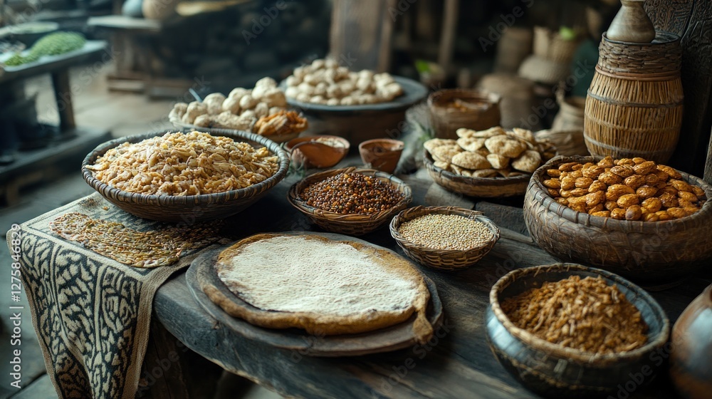 Ancient Market Abundance: A Rustic Still Life of Varied Grains, Baked Goods, and Spices Ancient Market Abundance: A Rustic Still Life of Varied Grains, Baked Goods, and Spices