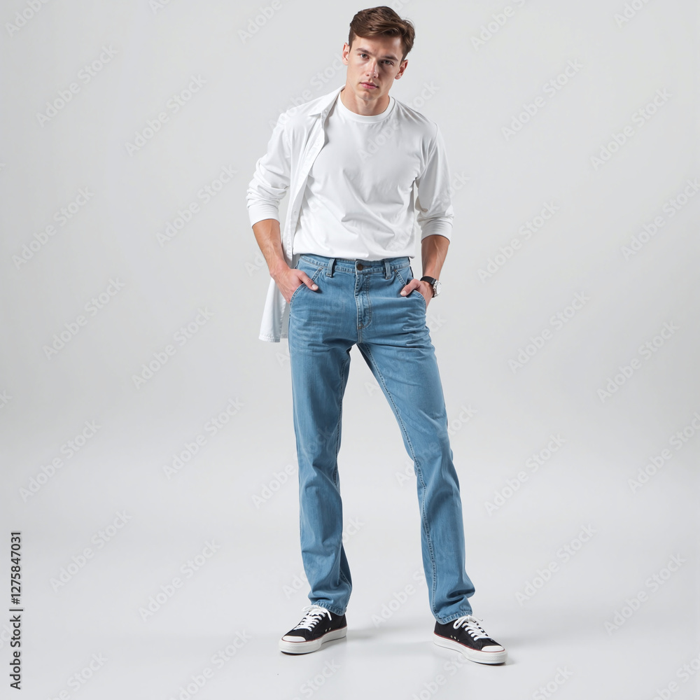 Man wearing Spring denim pants with a casual white shirt standing against a plain background Man wearing Spring denim pants with a casual white shirt standing against a plain background