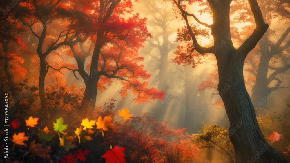 Vibrant Autumn Foliage Illuminated by Sunlight Creating a Serene and Colorful Forest Landscape Vibrant Autumn Foliage Illuminated by Sunlight Creating a Serene and Colorful Forest Landscape