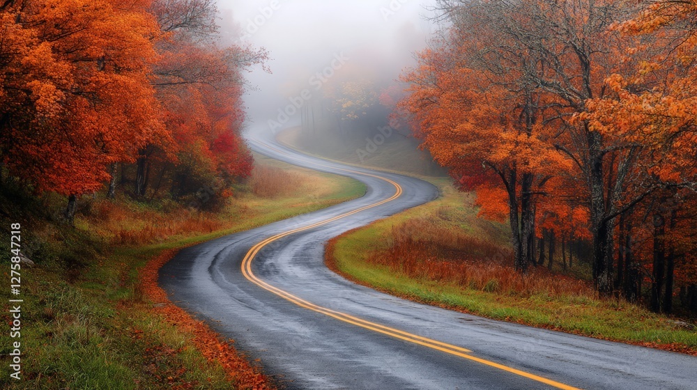 Naklejka premium A winding countryside road lined with orange and red trees, leading into a foggy autumn morning.