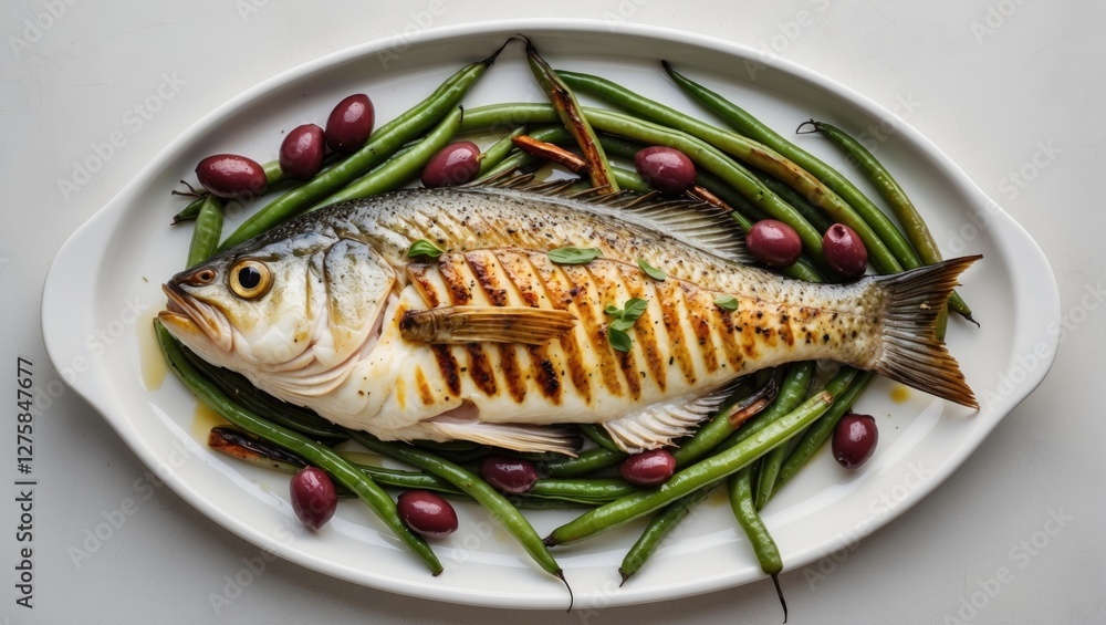 Grilled Sea Bass with Green Beans and Olives on a White Plate Ideal for Culinary Presentations and Menus Grilled Sea Bass with Green Beans and Olives on a White Plate Ideal for Culinary Presentations and Menus