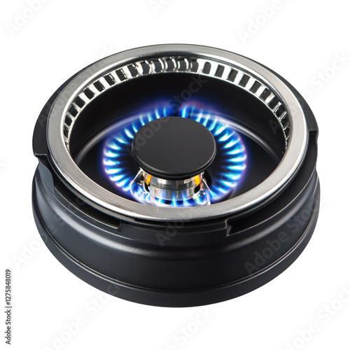 Modern gas stove burner with blue flames igniting isolated on png transparent background, cut out photo