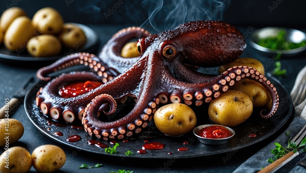 Fototapeta premium Grilled Octopus Serving with Potatoes and Sauce on Dark Wooden Table Culinary Seafood Delight with Empty Space for Text