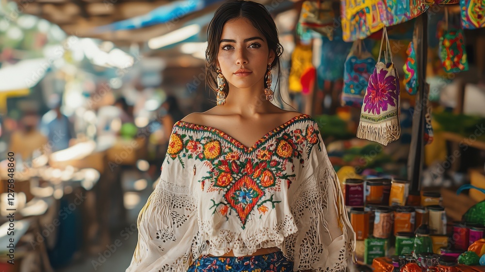 Stunning portrait of a Latina woman in traditional Mexican blouse at a colorful market, representing culture, heritage, and vibrant artisan craftsmanship with grace. Stunning portrait of a Latina woman in traditional Mexican blouse at a colorful market, representing culture, heritage, and vibrant artisan craftsmanship with grace.