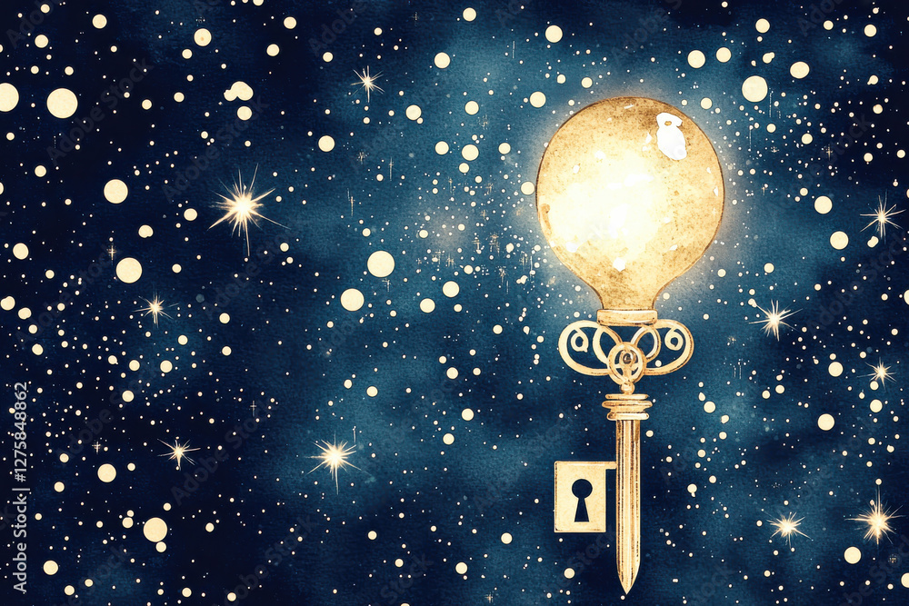 glowing lightbulb key against starry night sky, evoking mystery and creativity glowing lightbulb key against starry night sky, evoking mystery and creativity