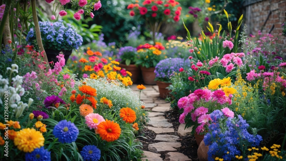 Fototapeta premium Vibrant Colorful Flower Garden Pathway with Lush Blooms and Space for Text or Messaging