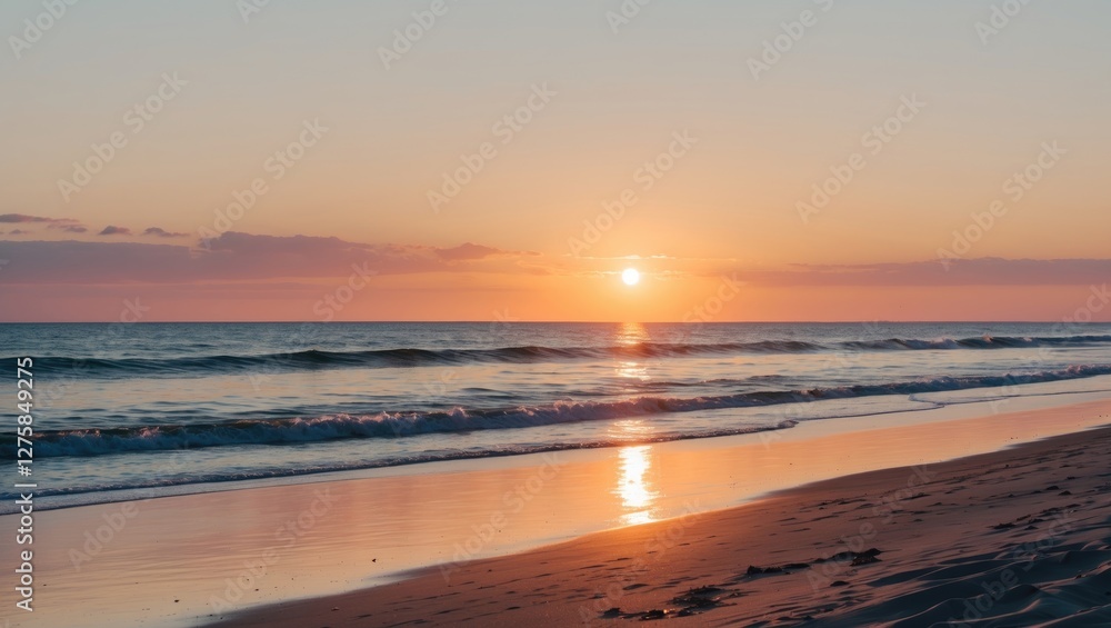 Serene Beach Sunset with Gentle Waves and Copy Space for Text or Branding in Warm Tones of Orange and Pink Serene Beach Sunset with Gentle Waves and Copy Space for Text or Branding in Warm Tones of Orange and Pink