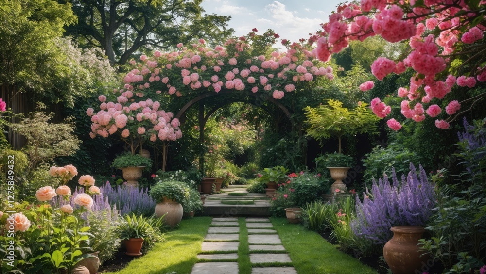 Obraz premium Tranquil Garden Pathway Surrounded by Lush Blooms and Greenery Ideal for Text and Design Integration