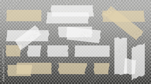 Scotch tape. Sticky paper tape. Adhesive Transparent sticky stripe. Sticker for collage, fixing photo notes. Vector