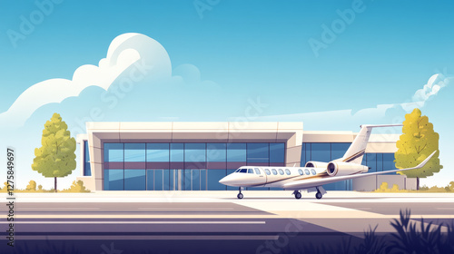 Small airport terminal and private jet on landing field. Vector cartoon panoramic illustration of summer landscape with modern airport building and luxury plane for vip passengers on runway strip
