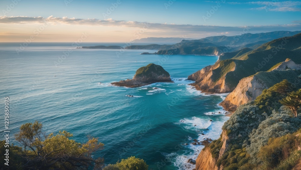 Fototapeta premium Stunning Coastal View with Lush Greenery and Calm Waters Under a Clear Blue Sky. Ideal for Travel and Nature Themed Projects.