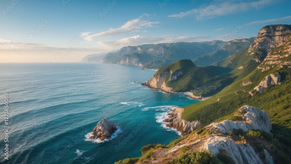 Fototapeta premium Coastal Landscape with Lush Green Hills and Tranquil Ocean View under a Clear Sky at Sunset